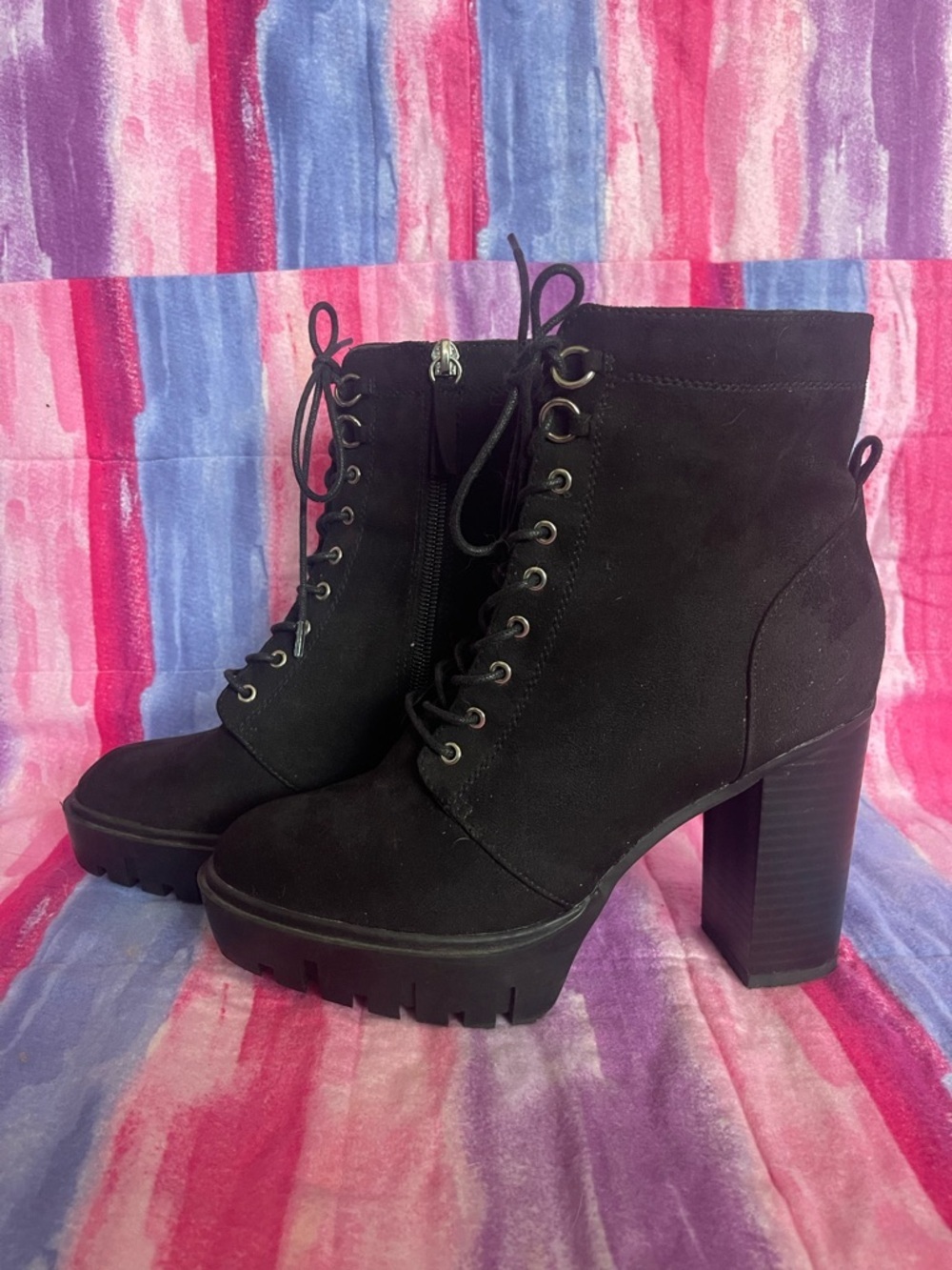 Black Lace-Up Block Heel Ankle Boots size 8
